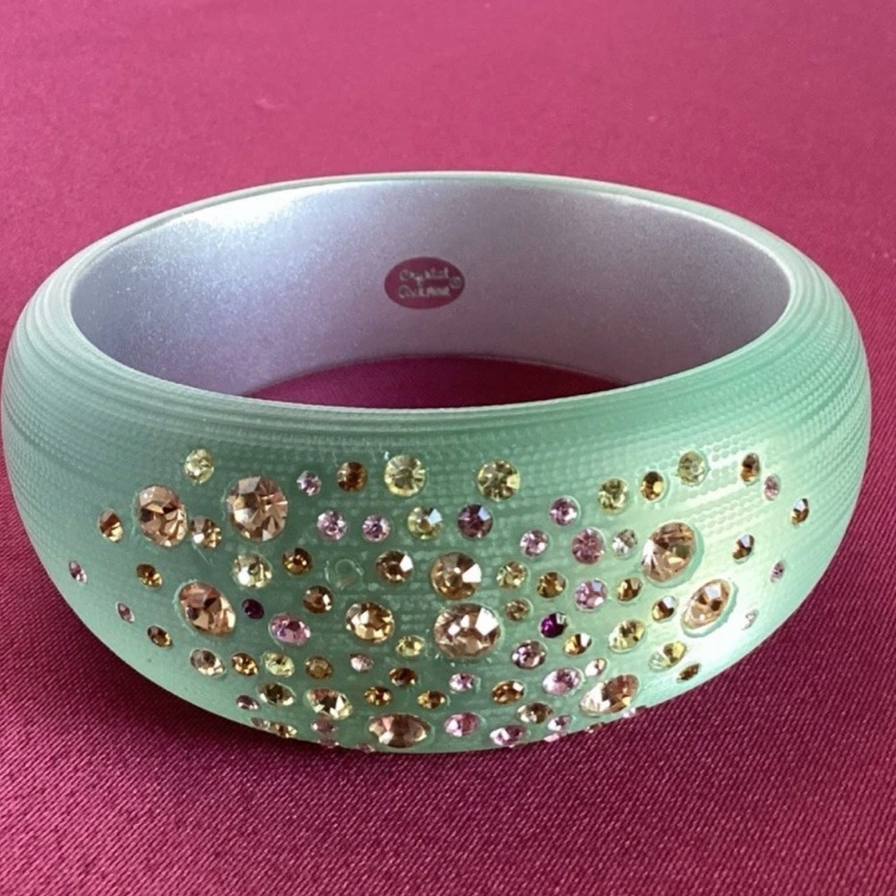 Crystal Avenue Frosted Aqua Lucite Vintage Bangle Bracelet Multi  Crystals